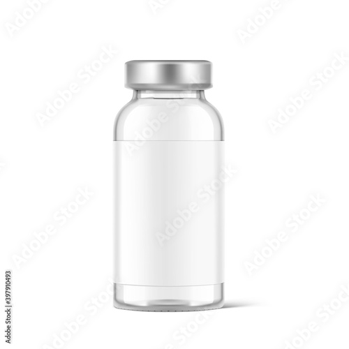 Transparent glass bottle for vaccine injections mockup. Vector illustration isolated on white background. Can be use for medicine, cosmetic and other. Ready for your design. EPS10.