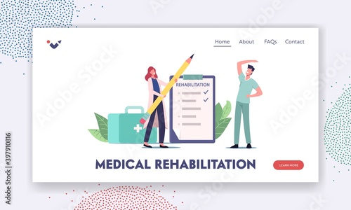 Orthopedic Therapy Rehabilitation Landing Page Template. Therapist Doctor Character Working With Disabled Patient