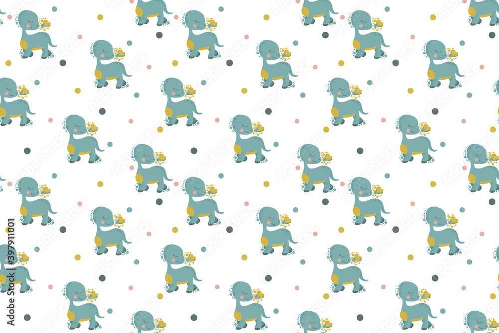 Seamless pattern of cute little smiling brontosaurus and butterflies are facing each other. Cartoon dinosaurs. White background. Cheerful children's endless texture on the friendship theme. Vector. Seamless pattern of cute little smiling brontosaurus and butterflies are facing each other. Cartoon dinosaurs. White background. Cheerful children's endless texture on the friendship theme. Vector.