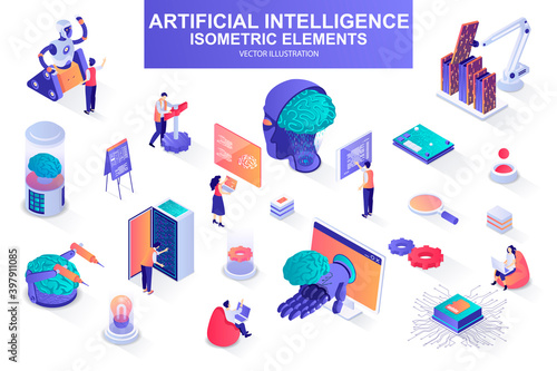 Artificial intelligence bundle of isometric elements. Electronic brain, cyborg, deep learning, futuristic technology, robot isolated icons. Isometric vector illustration kit with people characters.