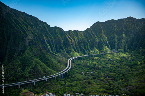Aerial H-3 H3 Intrastate Highway Oahu Hawaii with tunnel photo