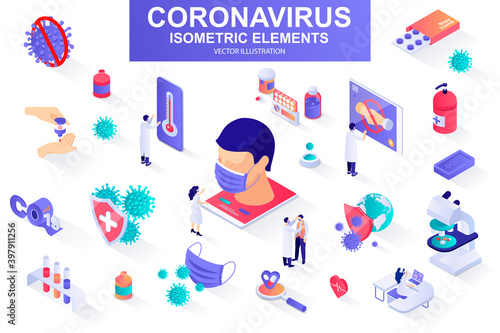Coronavirus bundle of isometric elements. Drugs, vaccine, patient, safety mask, thermometer, doctor, microscope, coronavirus cell isolated icons. Isometric vector illustration with people characters.