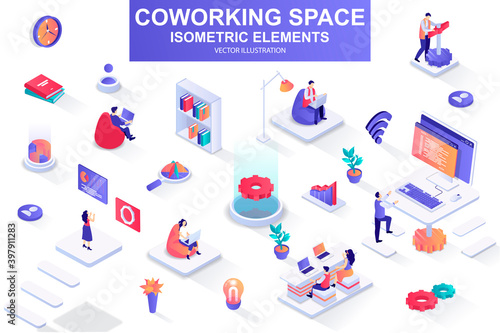 Coworking space bundle of isometric elements. Freelancer work with laptop, coworking space, developer workplace, company member isolated icons. Isometric vector illustration kit with people characters