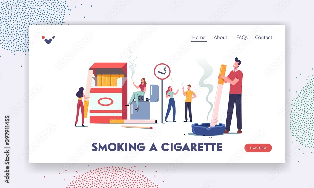 Smoker Characters Bad Habit Landing Page Template. Smoking Addiction Concept. Young Tiny People Smoke in Public Place