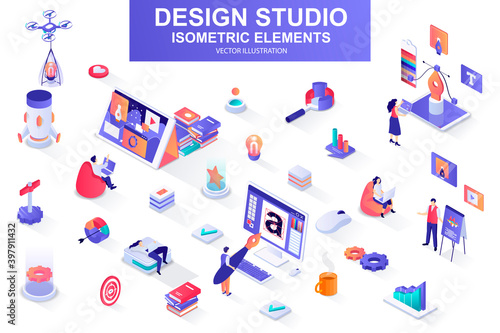 Design studio bundle of isometric elements. Ui UX design, font typography, front end development, interface design, website prototyping isolated icons. Isometric vector illustration kit with people.