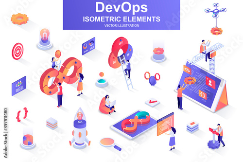 DevOps bundle of isometric elements. Startup launch, software development, deployment and testing, automation and programming isolated icons. Isometric vector illustration kit with people characters.