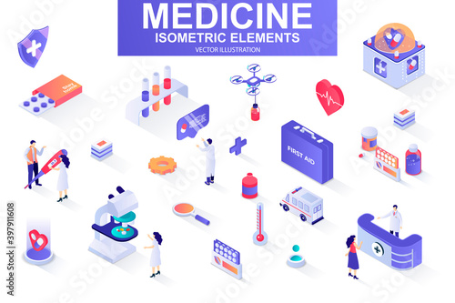 Medicine bundle of isometric elements. First aid kit, medicine, doctor, laboratory research, pharmacy industry, ambulance car isolated icons. Isometric vector illustration kit with people characters.