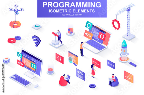 Programming bundle of isometric elements. Developer working, program languages, software engineering, full stack development isolated icons. Isometric vector illustration kit with people characters.