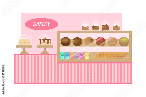 Pink bakery with cookies, cakes, cakes, macaroons