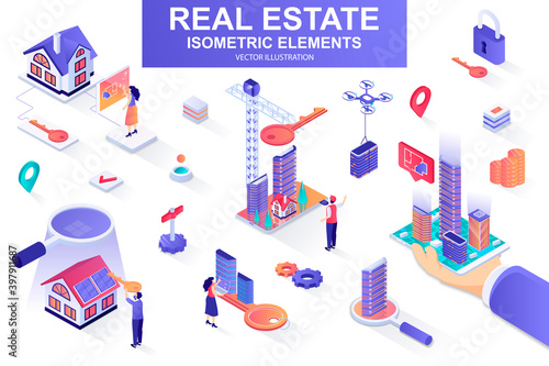 Real estate bundle of isometric elements. Skyscraper, office center, real estate agency, realtor with key, downtown architecture isolated icons. Isometric vector illustration with people characters.