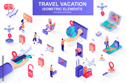 Travel vacation bundle of isometric elements. Flight booking, airplane boarding, tourist with luggage, travel agency, hotel reservation icons. Isometric vector illustration kit with people characters.