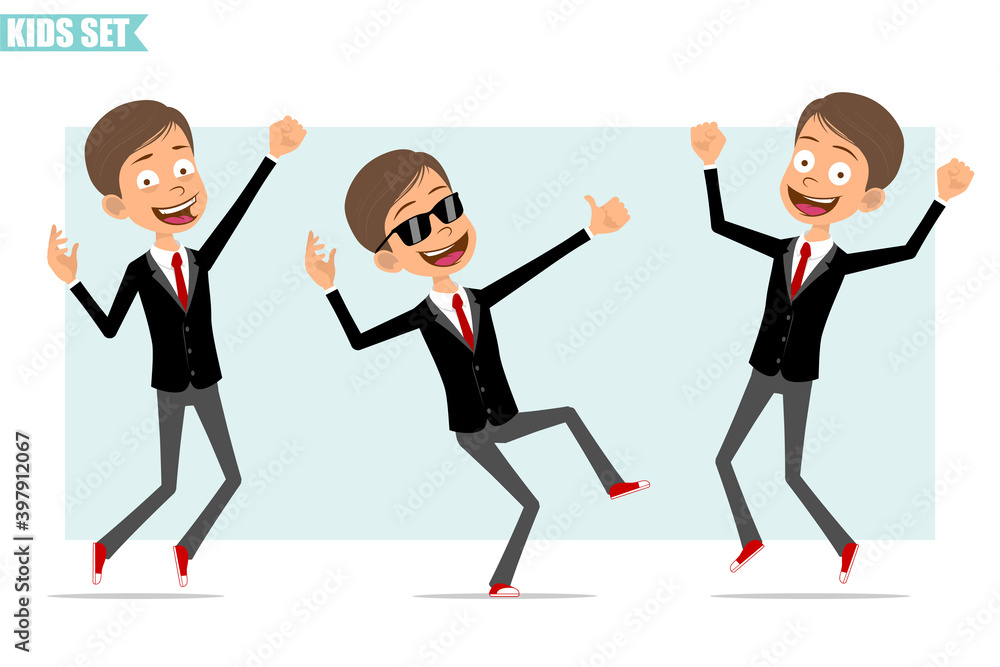 Cartoon flat funny business boy character in black jacket with red tie. Kid jumping up, dancing and showing thumbs up sign. Ready for animation. Isolated on gray background. Vector set.