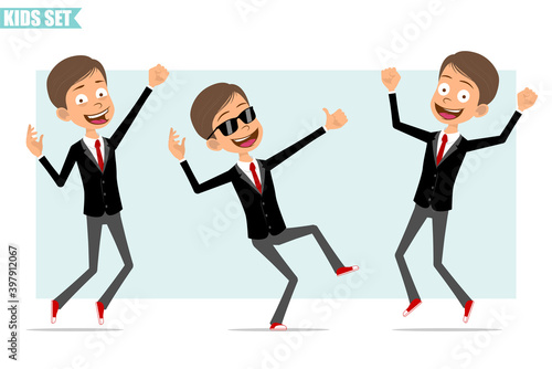 Cartoon flat funny business boy character in black jacket with red tie. Kid jumping up, dancing and showing thumbs up sign. Ready for animation. Isolated on gray background. Vector set.