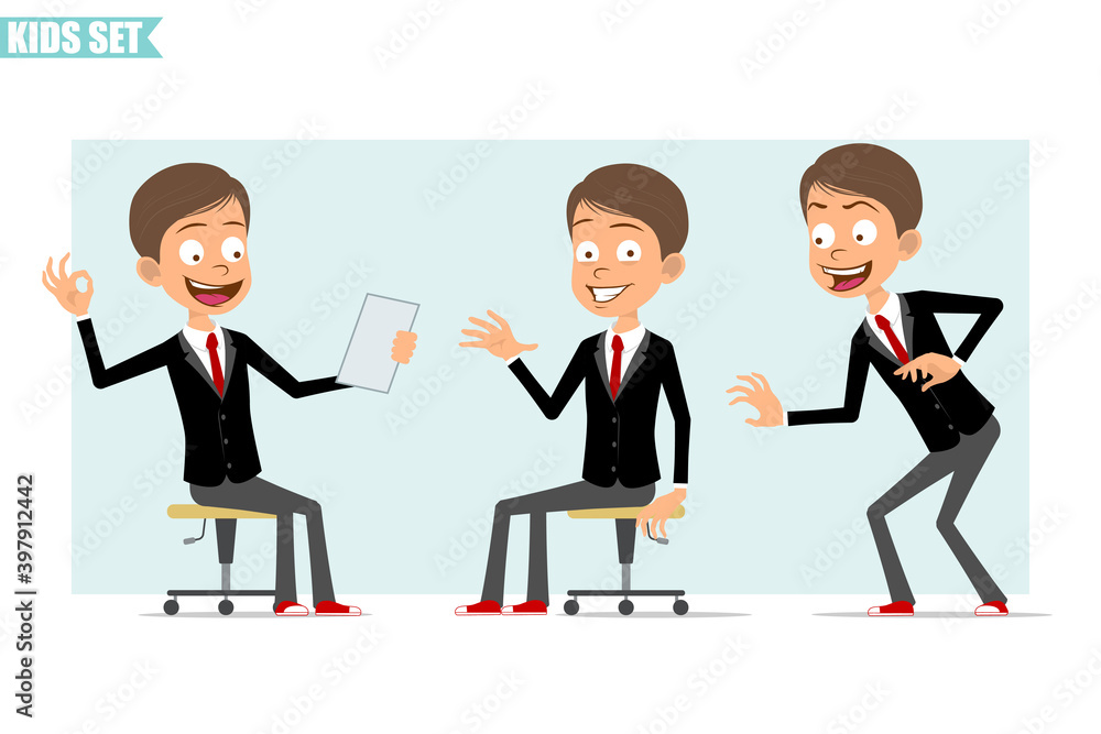 Cartoon flat funny business boy character in black jacket with red tie. Kid sneaking, showing Hi sign and reading note. Ready for animation. Isolated on gray background. Vector set.