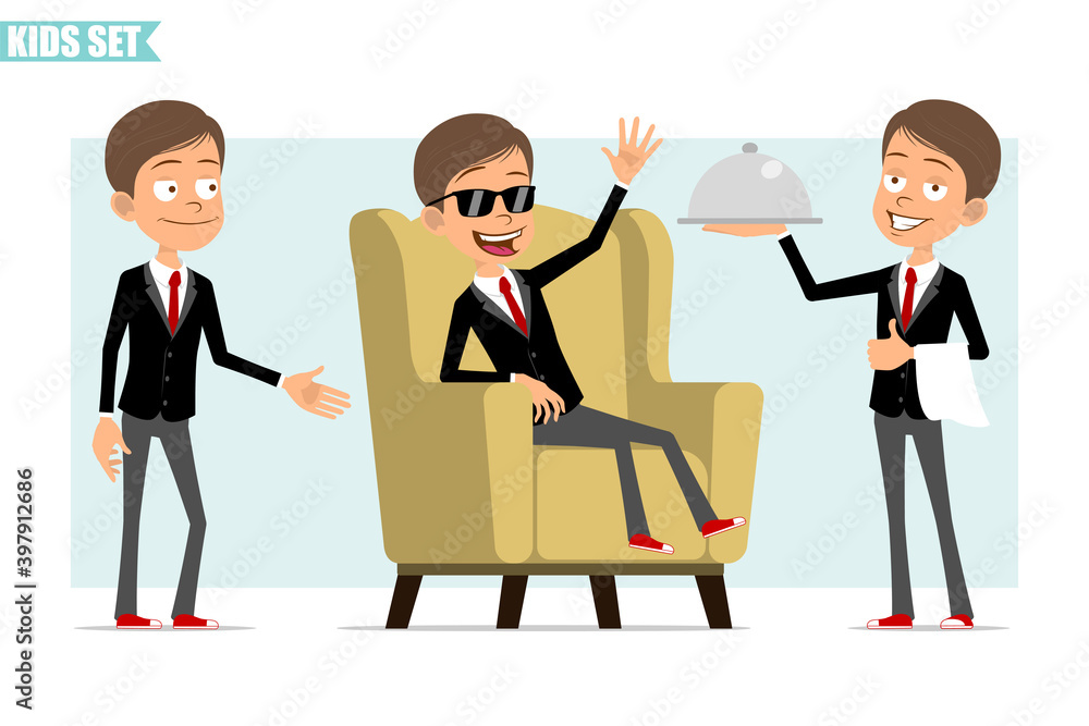 Obraz premium Cartoon flat funny business boy character in black jacket with red tie. Kid holding waiter tray, shaking hands and resting on soft chair. Ready for animation. Isolated on gray background. Vector set.
