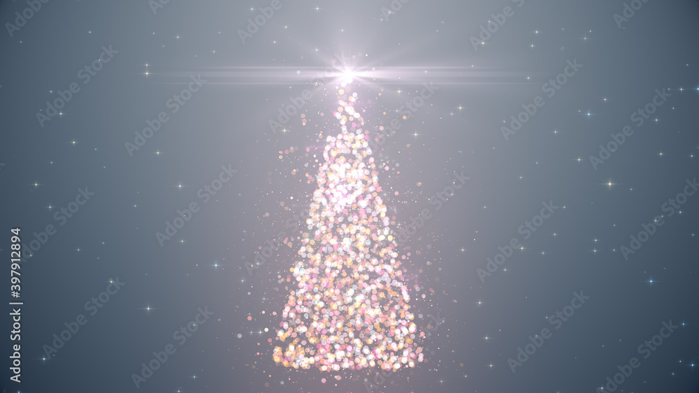 Naklejka premium Merry Christmas holiday greeting card. Glowing Christmas tree from particulars