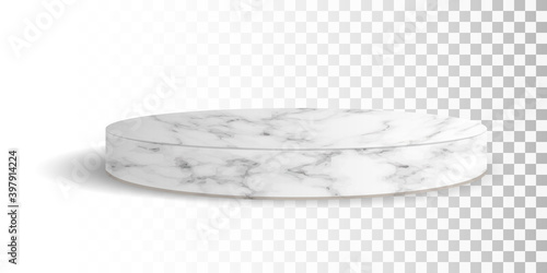 Round marble podium or pedestal for showing product. Elegance luxury stone platform mockup. Stage showcase for cosmetic presentation or award ceremony. Empty product stand