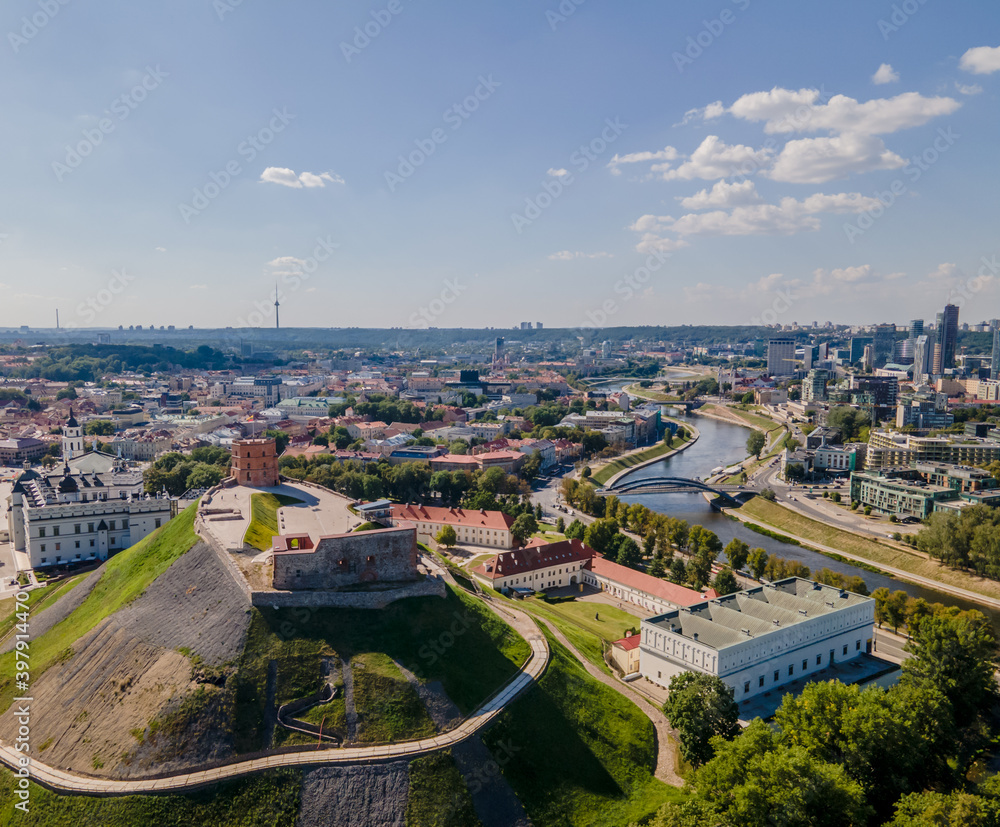 Aerial view of Vilnius old town roofs and Gediminas castle on the hill
