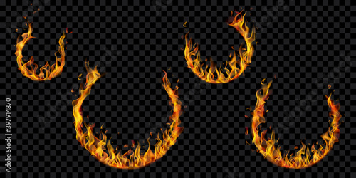 Set of burning arcs in different sizes with translucent fire flames on transparent background. For used on dark illustrations. Transparency only in vector format