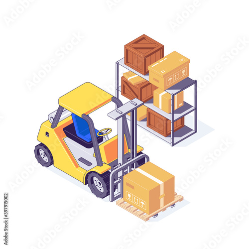 Isometric warehouse forklift with cardboard and wooden boxes on shelf.