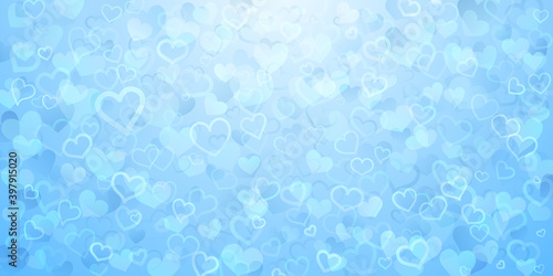 Background of translucent small hearts in light blue colors. Valentine's day illustration