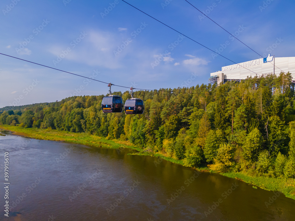 Cable car in Druskininkai from city center to snow arena over river of Nemunas