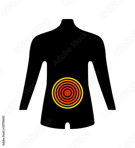 Icon of pain in stomach. Abdominal cramp with ache, diarrhea and nausea. Constipation in bowel. Infection in abdomen. Pain in hungry stomach. Diseases from food and stress. Logo of hernia. Vector