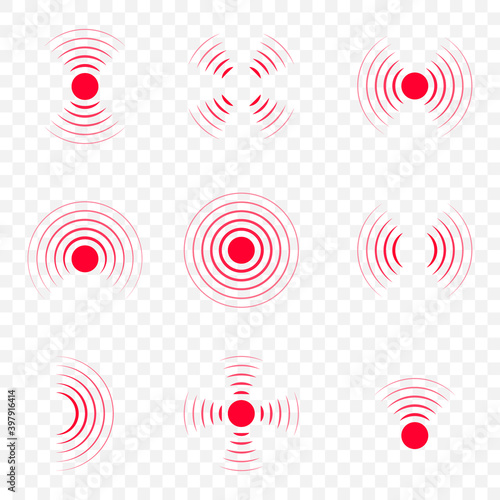Pain icon with point, red waves. Hurt of body. Target and coverage of ache. Circle of sore in muscle, neck, stomach, throat and joint. Medical logo for therapy. Symbol of headache, migraine. Vector