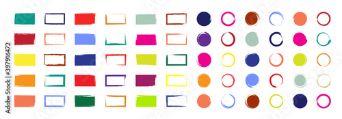 Grunge brush with colorful ink. Circle and rectangle shapes with borders. Color square paints with frames. Set of bright boxes for design. Templates of sketches for creative banners, labels. Vector