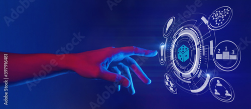 gamification and gaming technology illustration in neon style, hand touching dice icon, horizontal banner