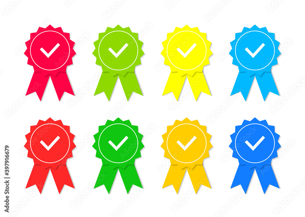 Icon of quality. Stamp with check for premium mark, best quality, guarantee. Certificate with seal of approve. Award badge with tick of good product. Symbol of satisfaction. Ribbon with medal. Vector