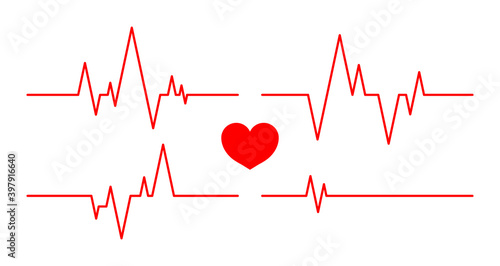 Heartbeat line. Pulse and cardiogram on monitor. Icons of heart beat. Ecg on graph. Electrocardiogram with healthy rhythm, cardio attack, ischemia, infarction and death. Symbol for cardiac. Vector
