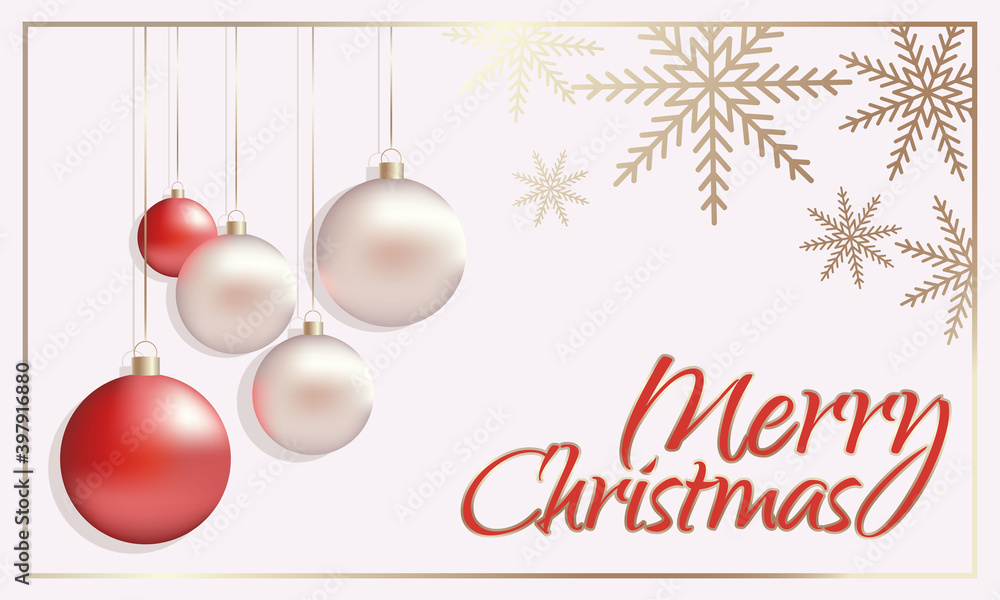 New year's banner with greetings in a gold frame, decorated with red and white Christmas balls and snowflakes New year's banner with greetings in a gold frame, decorated with red and white Christmas balls and snowflakes