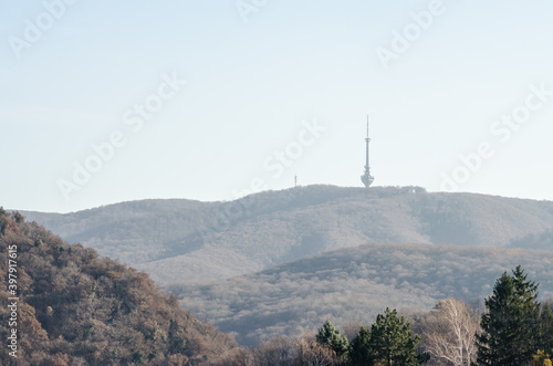Novi Sad, Serbia - July 06. 2020: Television tower on the hill Fruska Gora near Novi Sad, Serbia 