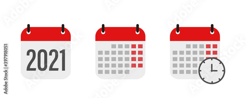 Calendar icon isolated on white background. Calendar with time clock. 2021 year . Vector illustration.