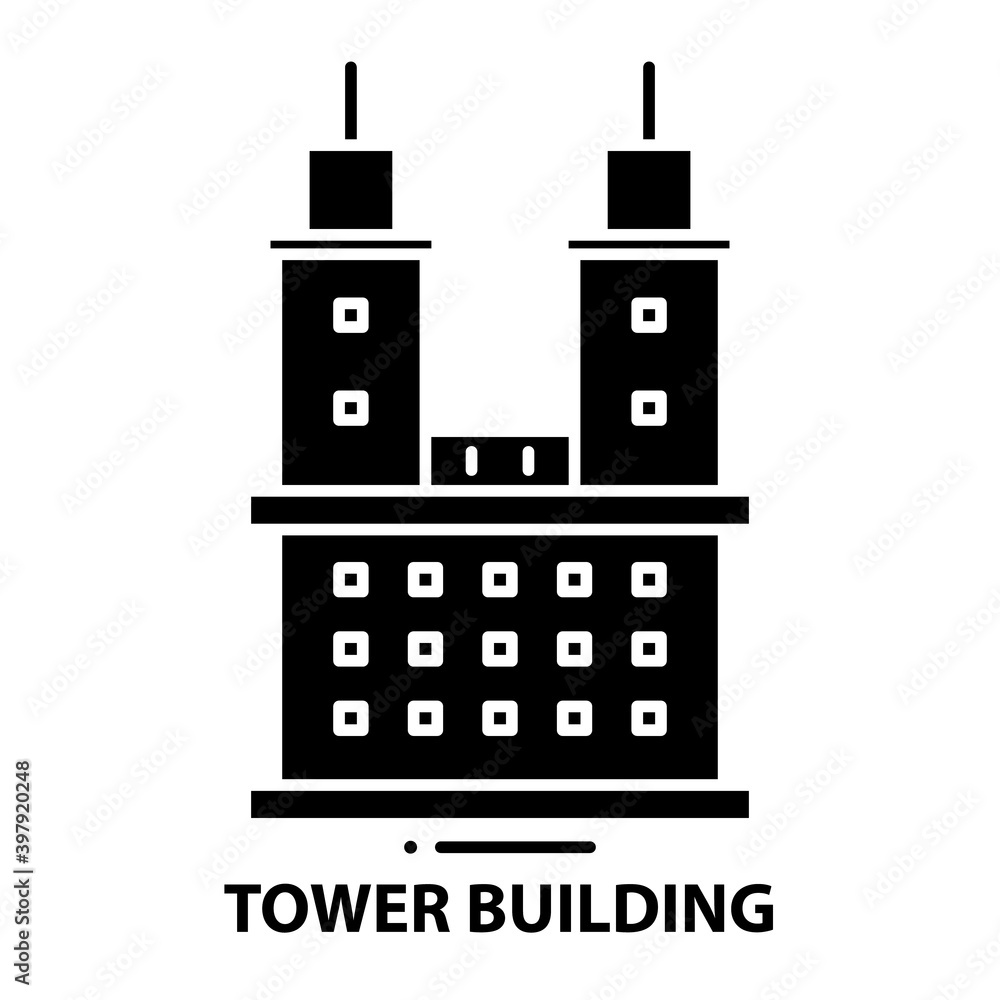 tower building icon, black vector sign with editable strokes, concept illustration