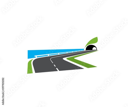 Speedway turn, seacoast road with tunnel icon. Highway on sea or ocean shore, coastal motorway with roadside railing and tunnel in hill or mountain vector. Transportation and road travel emblem