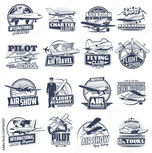 Aviation vector icons vintage and modern planes. Flight school, pilot courses, tours and international airport. Flying club, seaplanes and airplane aviation, air show, aviators and fliers labels set