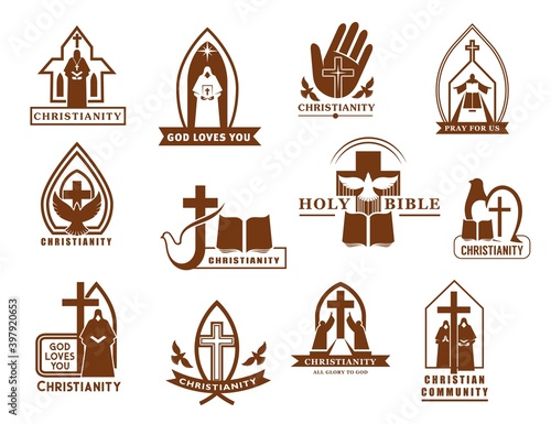 Christianity religion vector icons, cross, Bible and dove, Christian catholic churches, prayer, priest and open palm. Holy book, bird and crucifix brown symbols, faith and religious themes emblems set