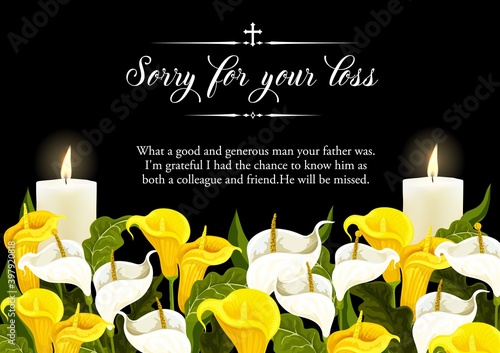 Funerary card with candles and calla lilies. Funeral banner, obituary frame with white and yellow arum flowers, christian cross, flaming candles engraved vector. Obituary condolence for memorial card