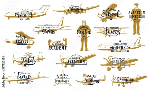 Flight, airline planes icon, aviation fly and airport travel, vector retro. Pilot academy, avia instructor and aviator school emblem, airport private jet service and propeller airplane show