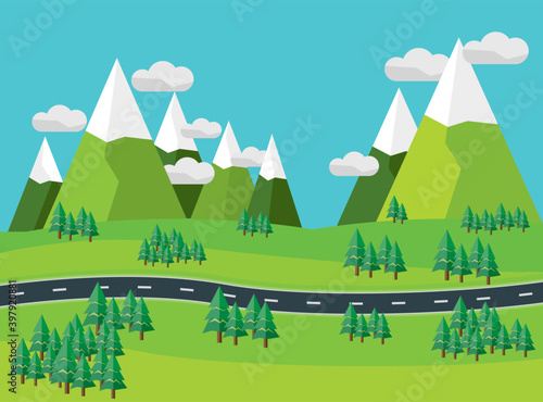 Flat design style landscape with highest peaks - vector illustration