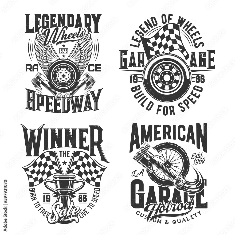 Obraz premium Racing sport, motocross speedway t-shirt prints for cars races and rally, vector icons. Racing championship and motorcycle speedway cup, wheels on fire and finish victory flag with engine pistons