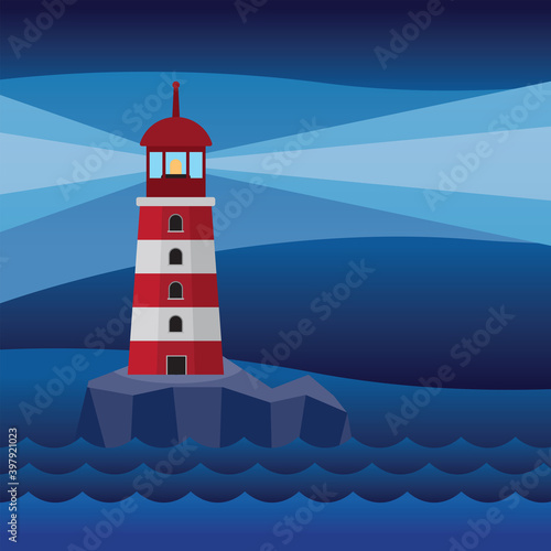 Night view of Lighthouse on rock stones island landscape - vector illustration