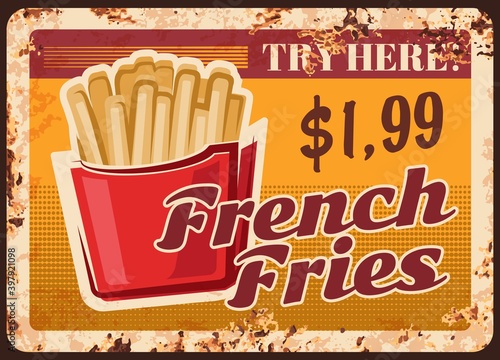 Foto Fries metal rusty plate, fast food menu snacks, vector vintage grunge poster
