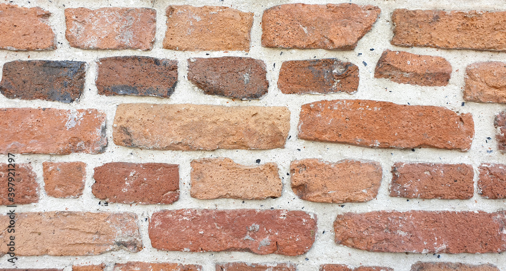 Obraz premium Old red brick wall in medieval monastery. Horizontal background.