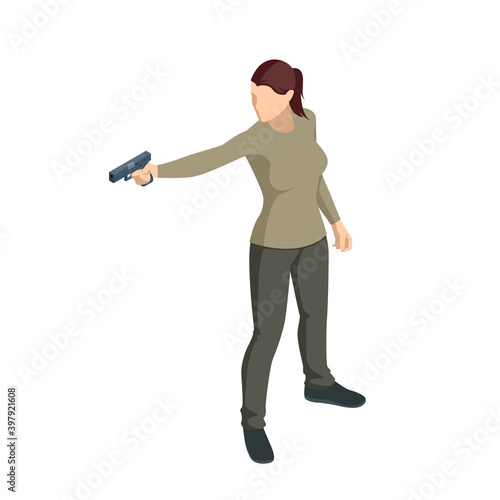 Isometric woman with a gun in his hand iolated on white. Male policeman, spy or criminal holding. Front view