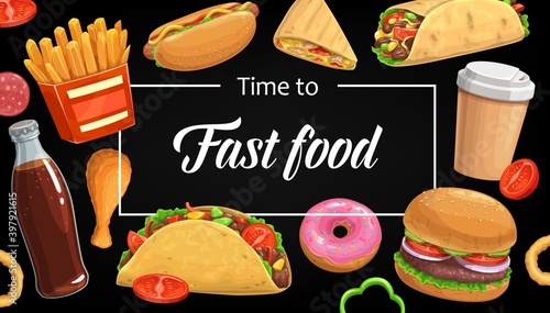 Fast food menu vector cover, hamburger french fries. Cola, coffee and onion rings with doner kebab or burritos with hot dog. Street food meals and beverage. Cartoon poster with burger and combo snacks