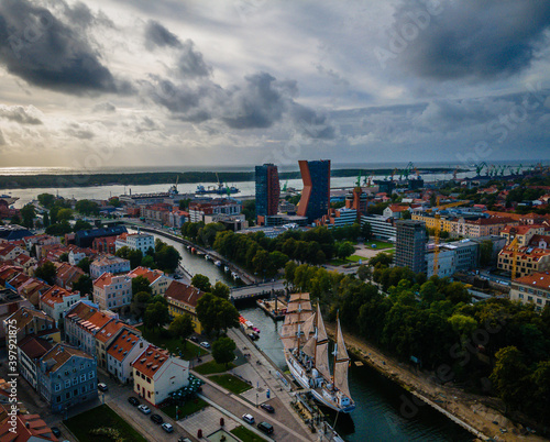Aerial view of Klaipeda city center and port in horizon
