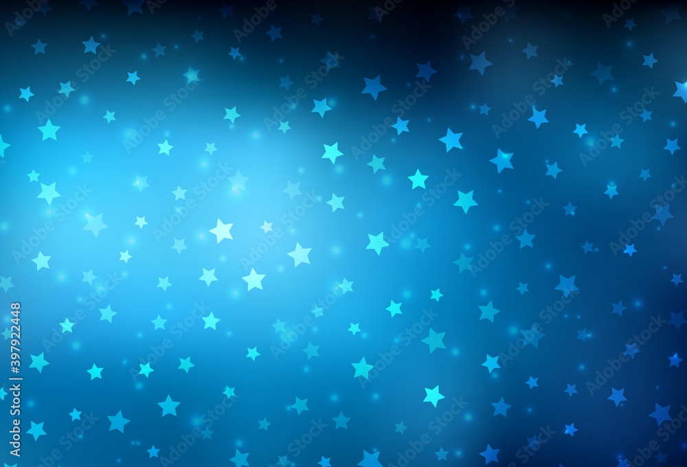 Dark BLUE vector template with ice snowflakes, stars.